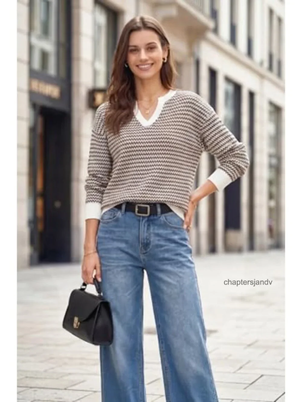 Polo V-Neck Long Sleeve Striped Pullover Sweater Breathable Cotton Top
